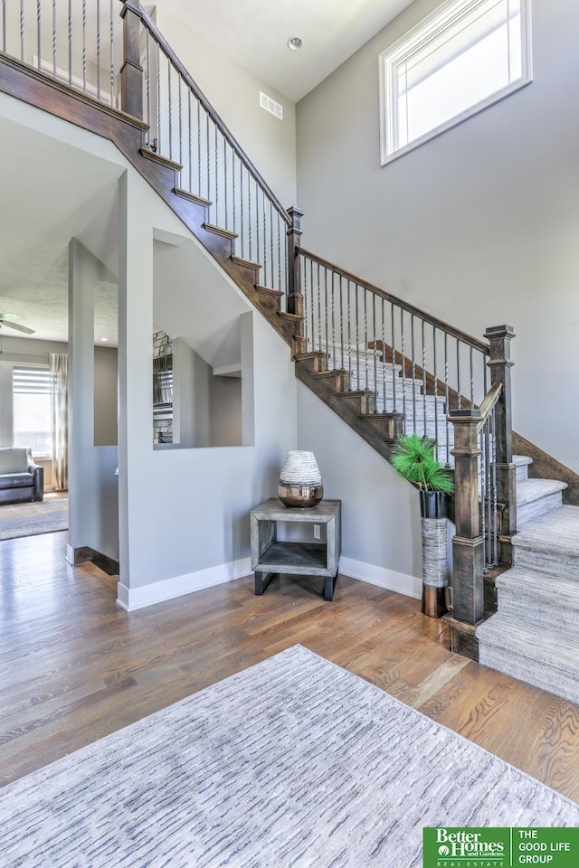 20761 Shirley St, Omaha, NE 68022 - staircase featuring wood finished floors, healthy amount of natural light, and a towering ceiling