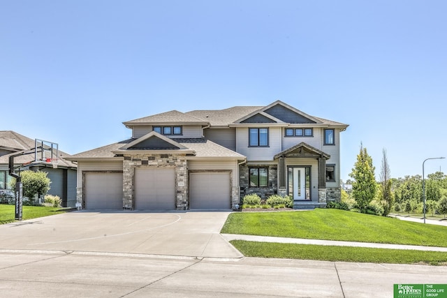 20761 Shirley St, Omaha, NE 68022 - view of front of property with an attached garage, a front yard, driveway, roof with shingles, and stone siding