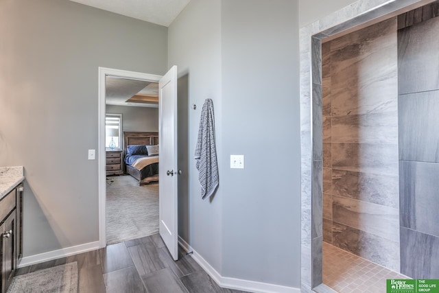 20761 Shirley St, Omaha, NE 68022 - ensuite bathroom featuring vanity, walk in shower, and wood finished floors