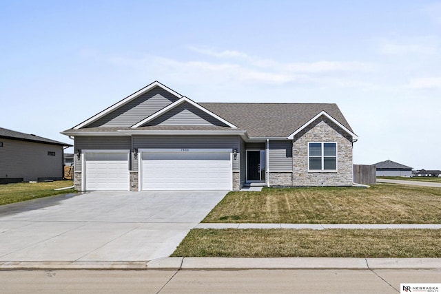 7530 Augustine Ave, Lincoln, NE 68516 - craftsman-style home with stone siding, a front yard, a garage, and driveway