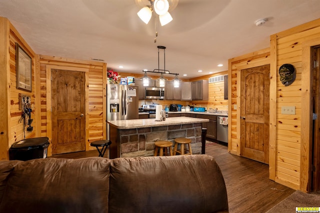 817 S 3rd St, Nebraska City, NE 68410 - kitchen with appliances with stainless steel finishes, dark wood-style floors, open floor plan, a center island, and recessed lighting