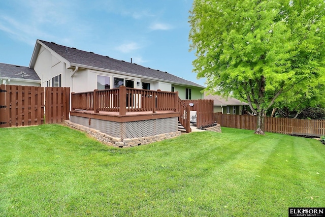 19523 Binney Cir, Elkhorn, NE 68022 - back of property with a fenced backyard, a wooden deck, and stucco siding