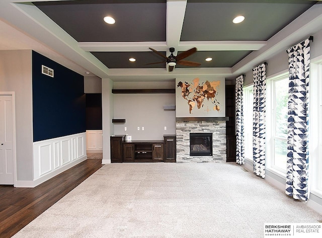 10309 S 102nd St, Papillion, NE 68046 - unfurnished living room featuring coffered ceiling, ceiling fan, recessed lighting, a fireplace, and beam ceiling