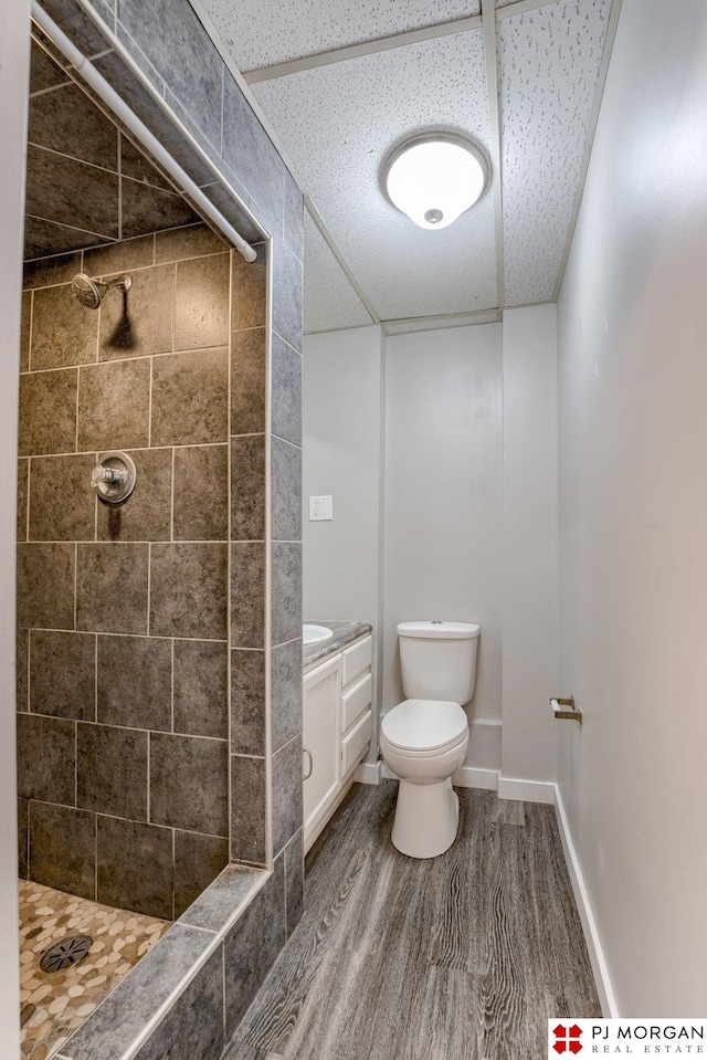 2811 S 36th St, Omaha, NE 68105 - bathroom featuring a tile shower, wood finished floors, and vanity