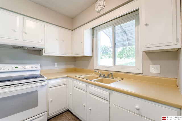 2811 S 36th St, Omaha, NE 68105 - kitchen with white range with electric stovetop, under cabinet range hood, and white cabinets