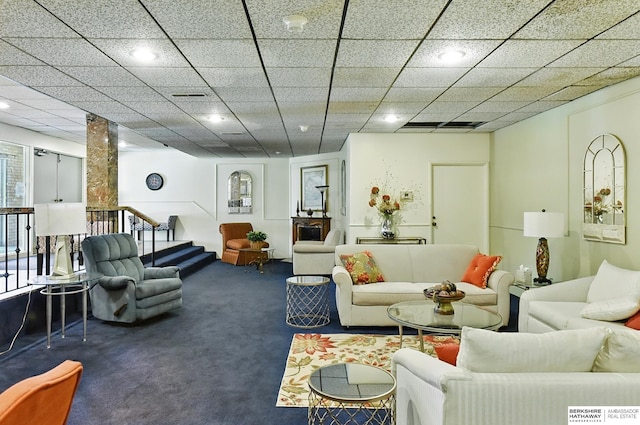 12727 W Dodge Rd Unit 124C, Omaha, NE 68154 - living room with carpet floors, stairs, and recessed lighting