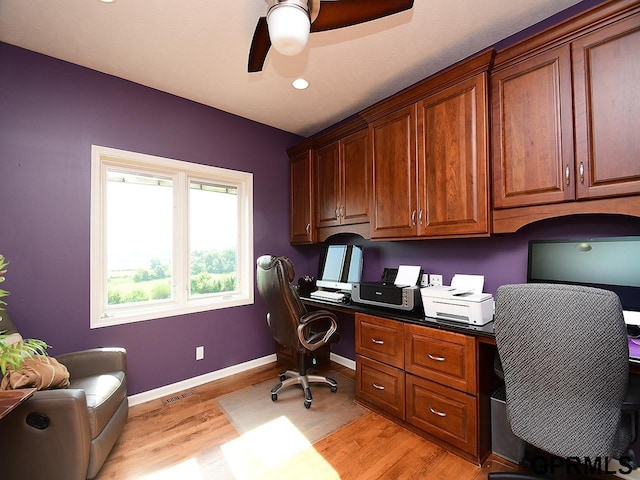 1526 Provencal Cir, Yutan, NE 68073 - office with a ceiling fan, light wood-type flooring, and built in study area