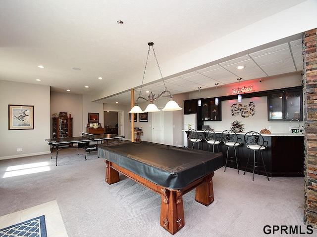 1526 Provencal Cir, Yutan, NE 68073 - recreation room featuring light carpet, bar with sink, recessed lighting, and billiards
