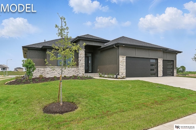 12386 Fenwick St, Papillion, NE 68046 - prairie-style house with stone siding, a garage, driveway, and a front lawn