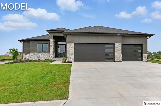 12386 Fenwick St, Papillion, NE 68046 - prairie-style home with stone siding, a garage, driveway, a front yard, and stucco siding
