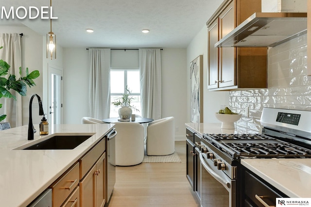 12386 Fenwick St, Papillion, NE 68046 - kitchen featuring stainless steel appliances, wall chimney exhaust hood, light wood-style flooring, light stone counters, and decorative backsplash