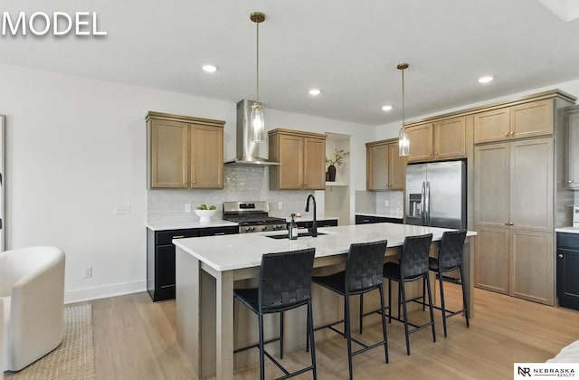 12386 Fenwick St, Papillion, NE 68046 - kitchen with wall chimney range hood, appliances with stainless steel finishes, light wood-type flooring, backsplash, and light countertops