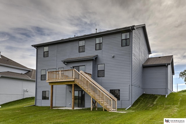 19015 Ranch Dr, Papillion, NE 68046 - rear view of property with stairs, a lawn, and a wooden deck