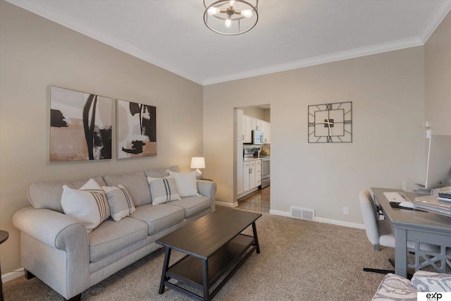 16454 Drexel St, Omaha, NE 68135 - living area with ornamental molding, a chandelier, a desk, and light colored carpet