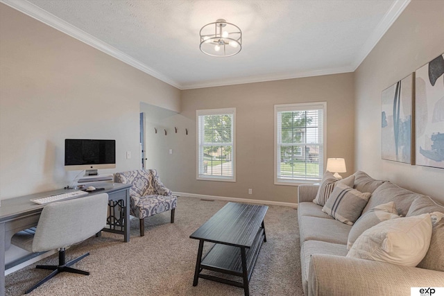 16454 Drexel St, Omaha, NE 68135 - living area featuring carpet, crown molding, and a chandelier