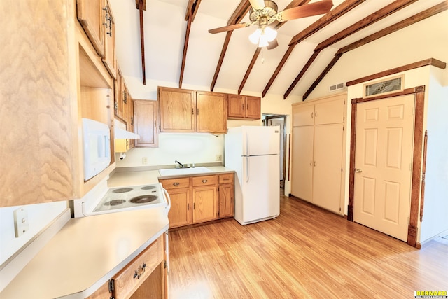 1916 S 42nd Rd, Talmage, NE 68448 - kitchen with white appliances, light countertops, under cabinet range hood, a ceiling fan, and light wood-style flooring
