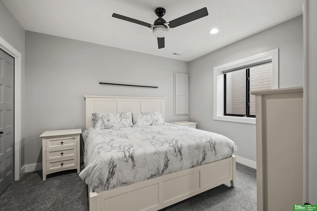 4802 N 187th Ave, Elkhorn, NE 68022 - bedroom with dark carpet, recessed lighting, and ceiling fan