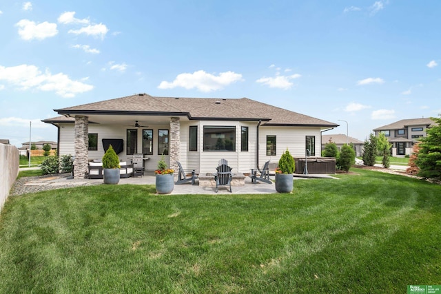 4802 N 187th Ave, Elkhorn, NE 68022 - rear view of house with a hot tub, a patio, ceiling fan, and a shingled roof