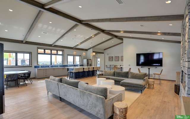 4802 N 187th Ave, Elkhorn, NE 68022 - living room featuring plenty of natural light, recessed lighting, beam ceiling, light wood finished floors, and high vaulted ceiling