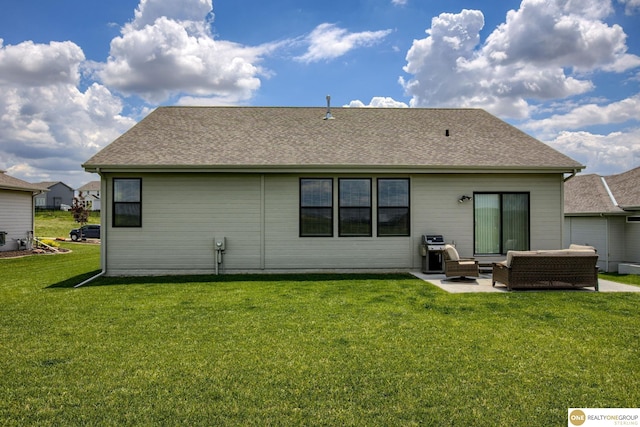 12618 Glenn St, Omaha, NE 68138 - rear view of house with a yard, outdoor lounge area, a patio, and roof with shingles