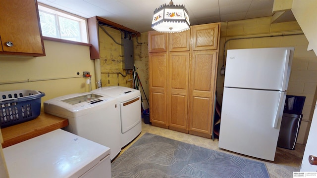 7923 Harney St, Omaha, NE 68114 - laundry room featuring washer and dryer, electric panel, and cabinet space
