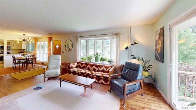 7923 Harney St, Omaha, NE 68114 - living area featuring light wood finished floors, a chandelier, and healthy amount of natural light