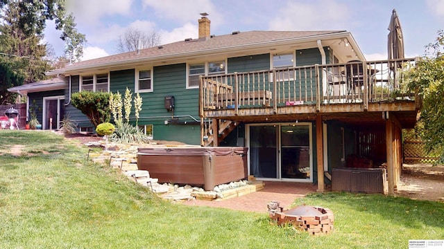 7923 Harney St, Omaha, NE 68114 - back of house featuring a hot tub, a wooden deck, a chimney, and a yard