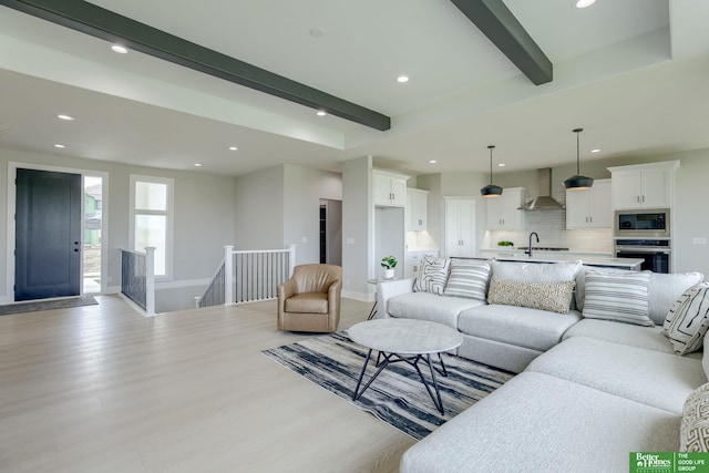 10110 Laramie St, Papillion, NE 68046 - living area with beamed ceiling, recessed lighting, and light wood finished floors