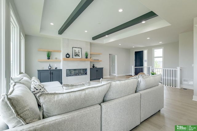 10110 Laramie St, Papillion, NE 68046 - living area with light wood-type flooring, beam ceiling, a fireplace, and recessed lighting