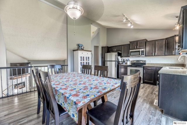 13913 Springview Dr, Papillion, NE 68133 - dining room with light wood-style flooring, ceiling fan, high vaulted ceiling, rail lighting, and a textured ceiling