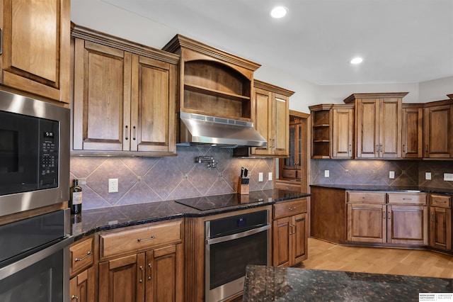 10149 Edward St, La Vista, NE 68128 - kitchen with open shelves, stainless steel oven, under cabinet range hood, black electric stovetop, and built in microwave