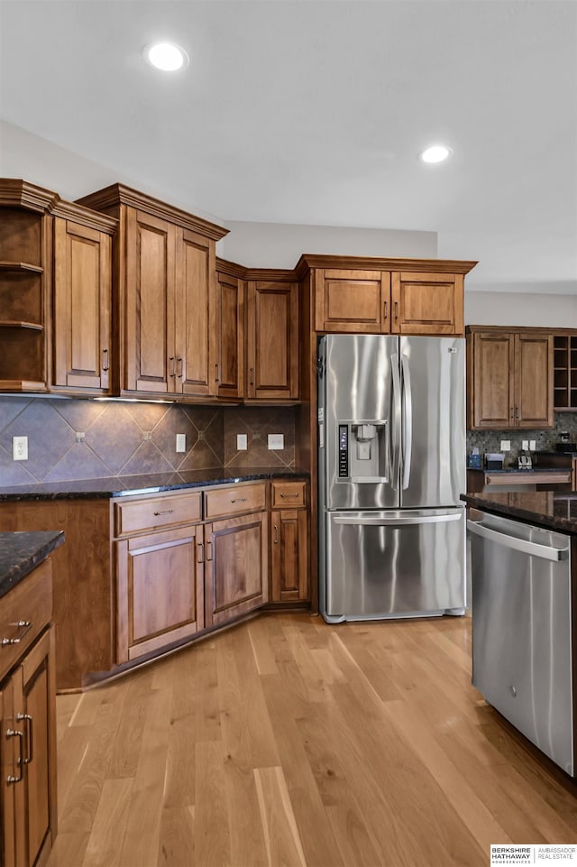 10149 Edward St, La Vista, NE 68128 - kitchen with stainless steel appliances, brown cabinetry, backsplash, open shelves, and recessed lighting