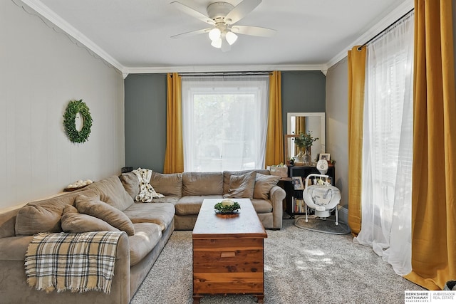 1139 E 5th St, Fremont, NE 68025 - living area with ornamental molding, a ceiling fan, and carpet floors