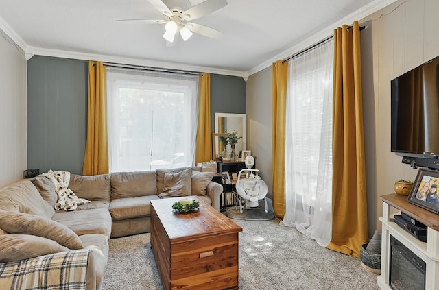 1139 E 5th St, Fremont, NE 68025 - carpeted living room with ceiling fan and ornamental molding