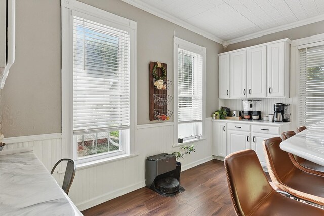 1139 E 5th St, Fremont, NE 68025 - kitchen featuring ornamental molding, dark wood finished floors, light countertops, white cabinets, and wainscoting