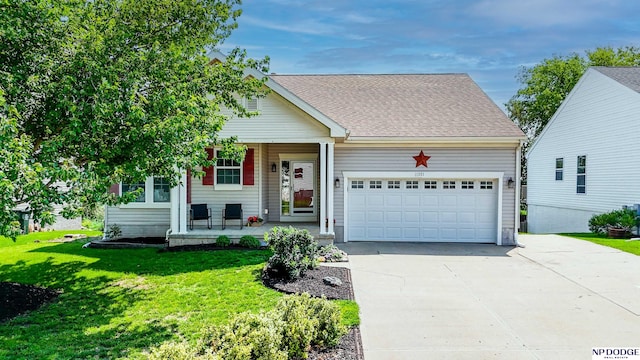 11351 S 198th St, Gretna, NE 68028 - view of front of house with a porch, an attached garage, concrete driveway, a front yard, and roof with shingles