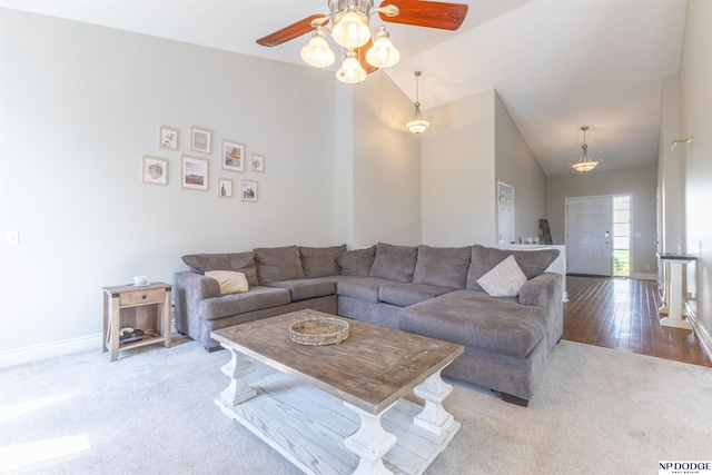 11351 S 198th St, Gretna, NE 68028 - carpeted living room with a ceiling fan and high vaulted ceiling