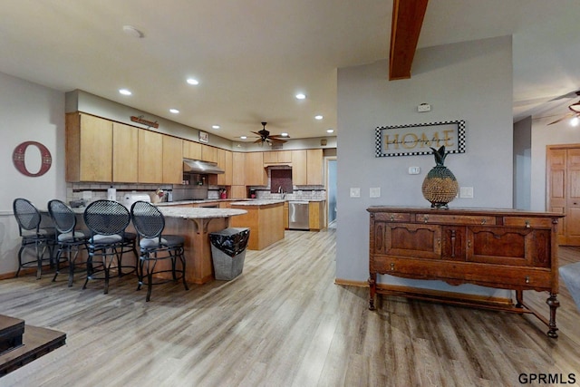 2035 355th Ave, Farragut, IA 51639 - kitchen with ceiling fan, under cabinet range hood, light wood-type flooring, and recessed lighting