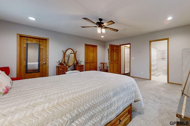 2035 355th Ave, Farragut, IA 51639 - bedroom featuring carpet floors, recessed lighting, connected bathroom, and a ceiling fan