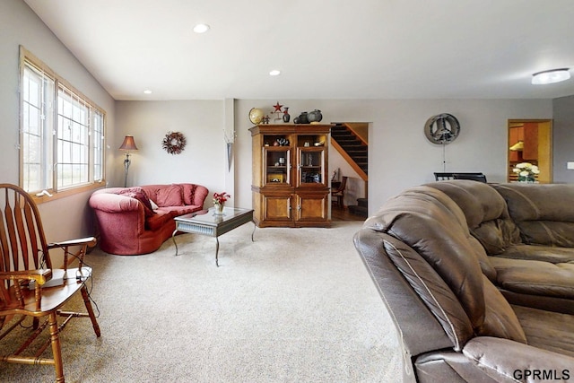 2035 355th Ave, Farragut, IA 51639 - living area featuring carpet floors, stairs, and recessed lighting