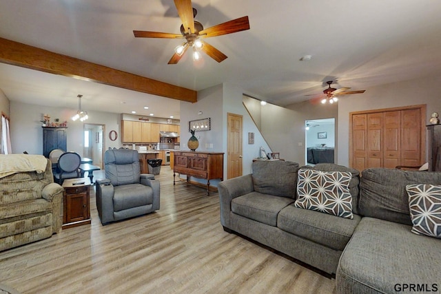2035 355th Ave, Farragut, IA 51639 - living room featuring ceiling fan, light wood-style flooring, and beamed ceiling