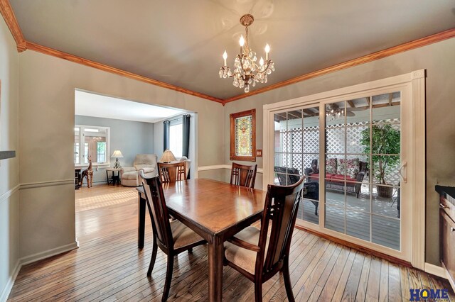 3001 Oreilly Dr, Lincoln, NE 68502 - dining area featuring wood-type flooring, crown molding, and a chandelier