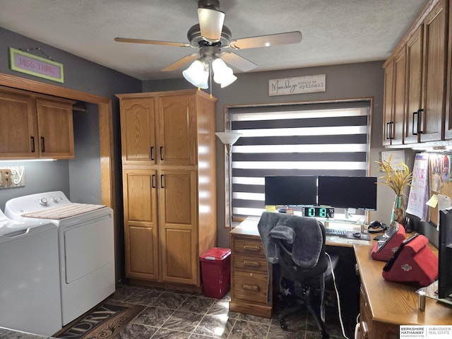 1002 Oak Ct, Plattsmouth, NE 68048 - office with washer and clothes dryer, a ceiling fan, a textured ceiling, and dark marble finish flooring