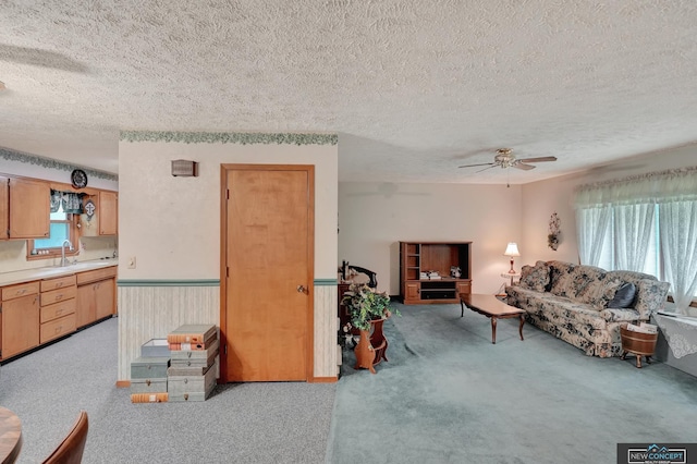 19354 SW 117th Rd, Dewitt, NE 68341 - living area with a textured ceiling, ceiling fan, carpet, and wainscoting