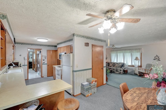 19354 SW 117th Rd, Dewitt, NE 68341 - kitchen with white appliances, a ceiling fan, a textured ceiling, light countertops, and light colored carpet