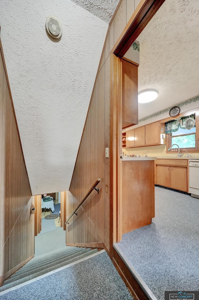 19354 SW 117th Rd, Dewitt, NE 68341 - stairs with a textured ceiling, carpet, and wooden walls
