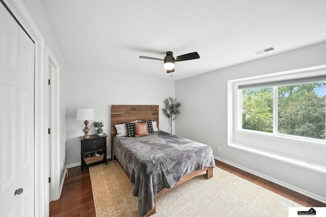 5807 S 167th Ave, Omaha, NE 68135 - bedroom featuring dark wood-style flooring, a closet, and ceiling fan