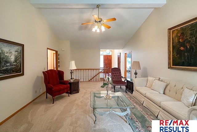 17315 M St, Omaha, NE 68135 - living area featuring carpet, ceiling fan, and high vaulted ceiling