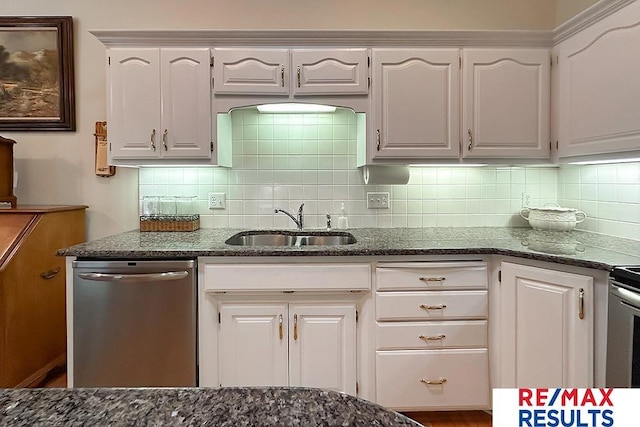 17315 M St, Omaha, NE 68135 - kitchen with dishwasher, white cabinetry, dark stone counters, and tasteful backsplash