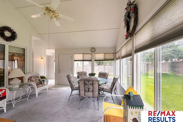 17315 M St, Omaha, NE 68135 - sunroom / solarium with ceiling fan, healthy amount of natural light, carpet floors, and high vaulted ceiling